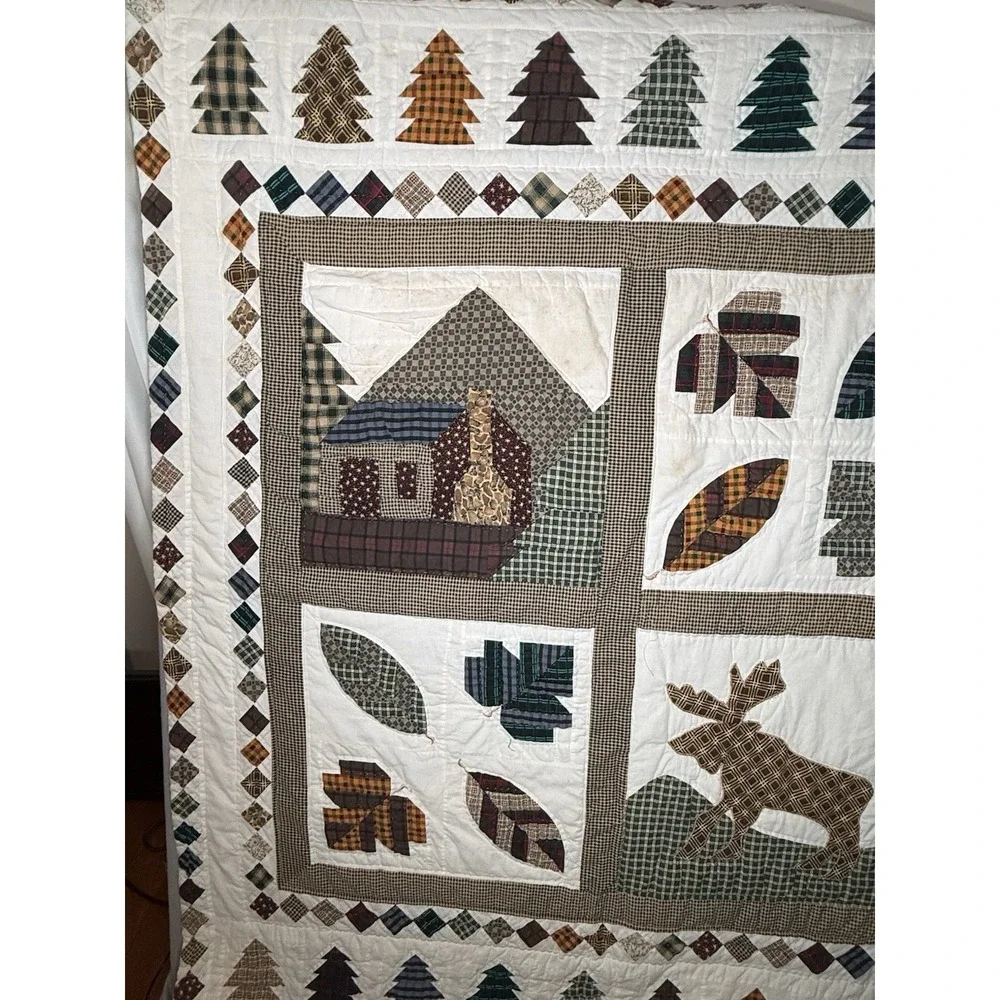 Vintage Patchwork Quilt Rustic Christmas Cabin Moose Lodge-Style Sampler 58x47